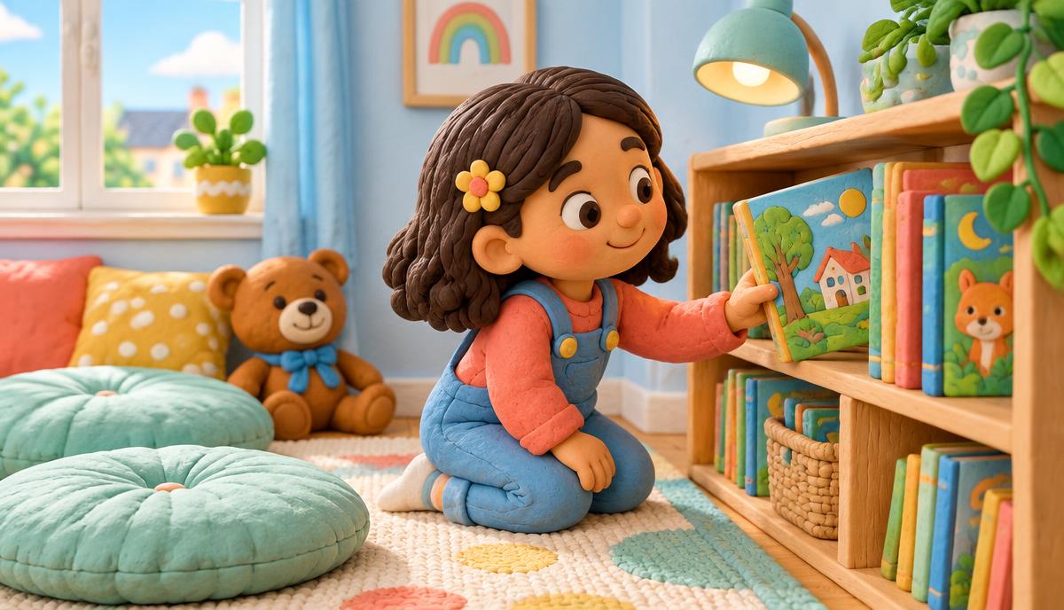 Ilustração 3D de criança escolhendo um livro no cantinho de leitura em casa