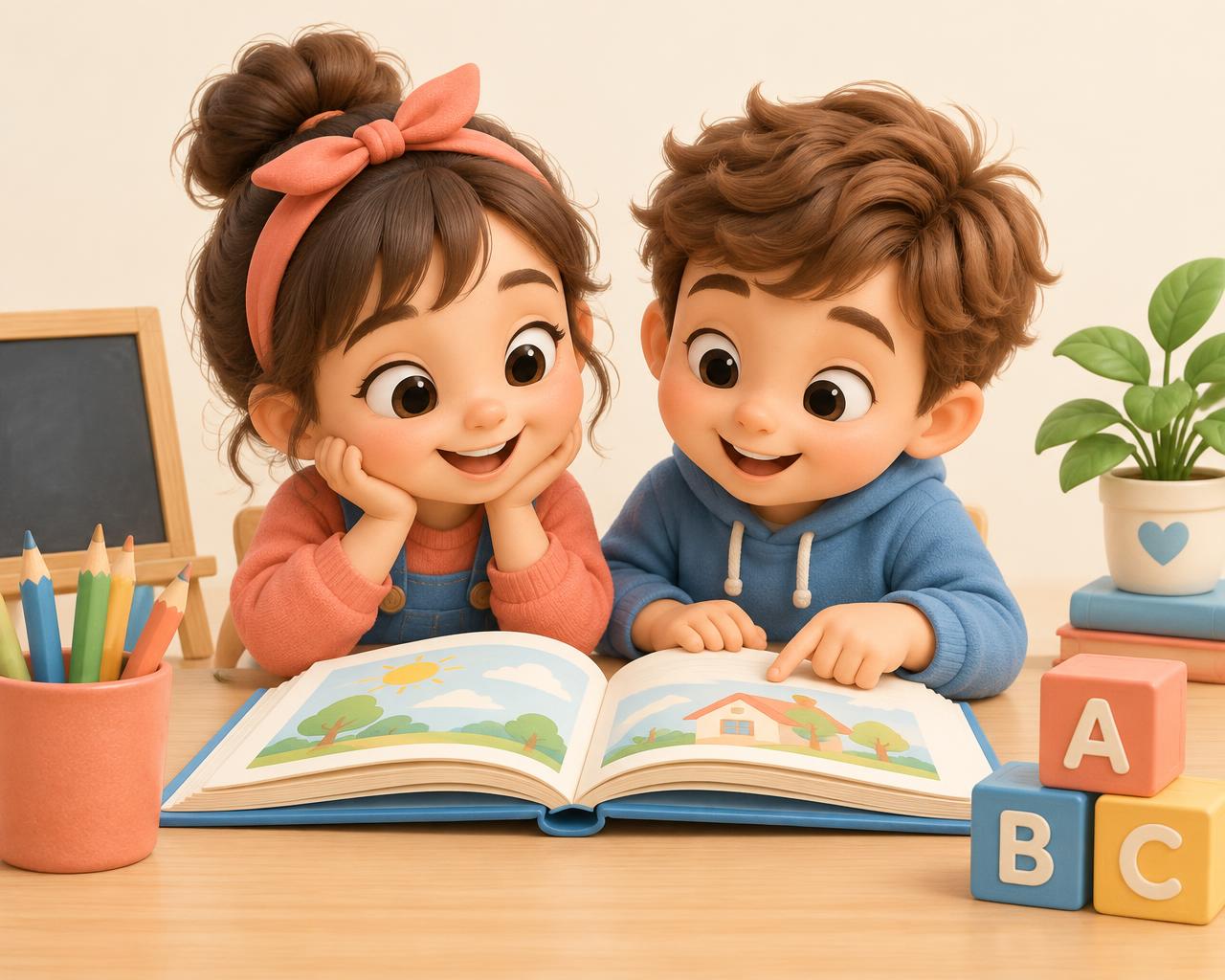 Ilustração 3D de duas crianças lendo um livro com blocos de letras e lápis coloridos